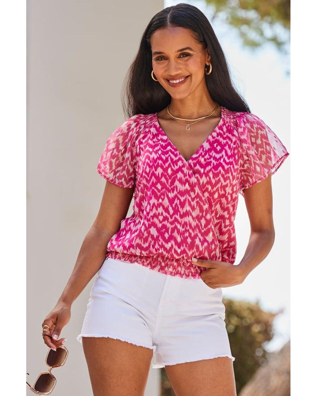 Sosandar Pink Metallic Abstract Print Shirred Hem Wrap Top
