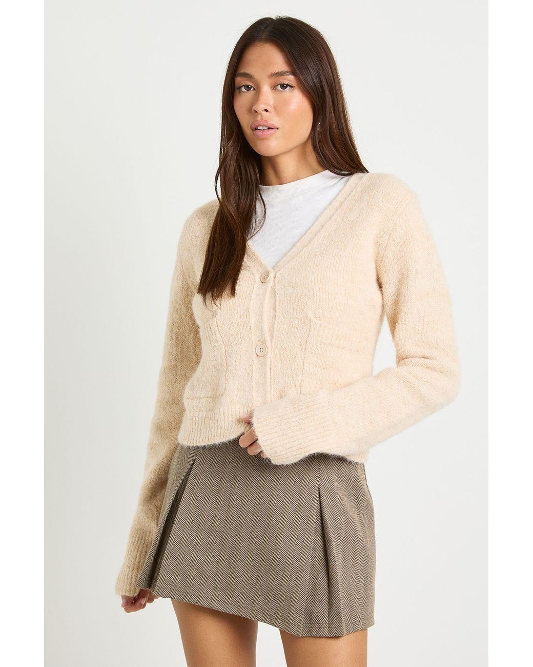 Boohoo Natural Cinched Waist Pocket Detail V Neck Cardigan