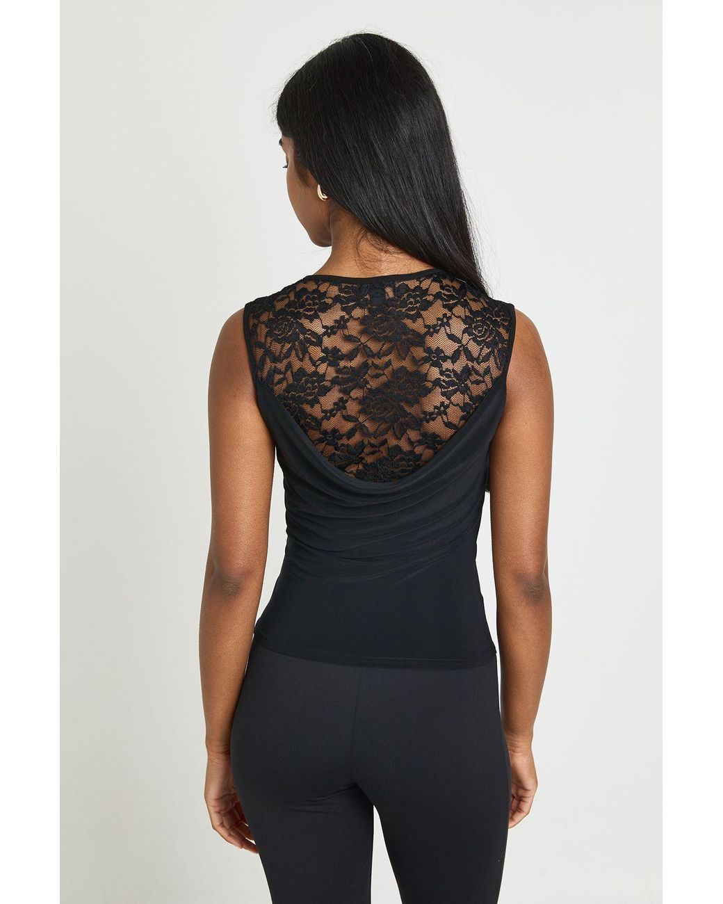 Boohoo Black Lace Slinky Drape Front Sleeveless Top