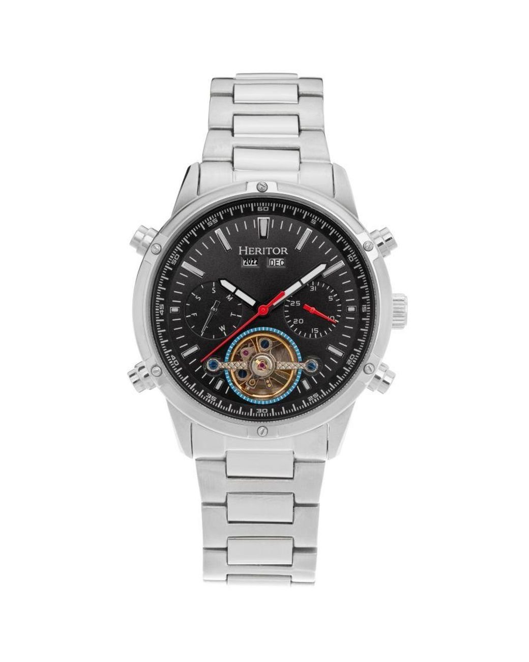 Heritor Wilhelm Semi skeleton Bracelet Watch W day date Stainless