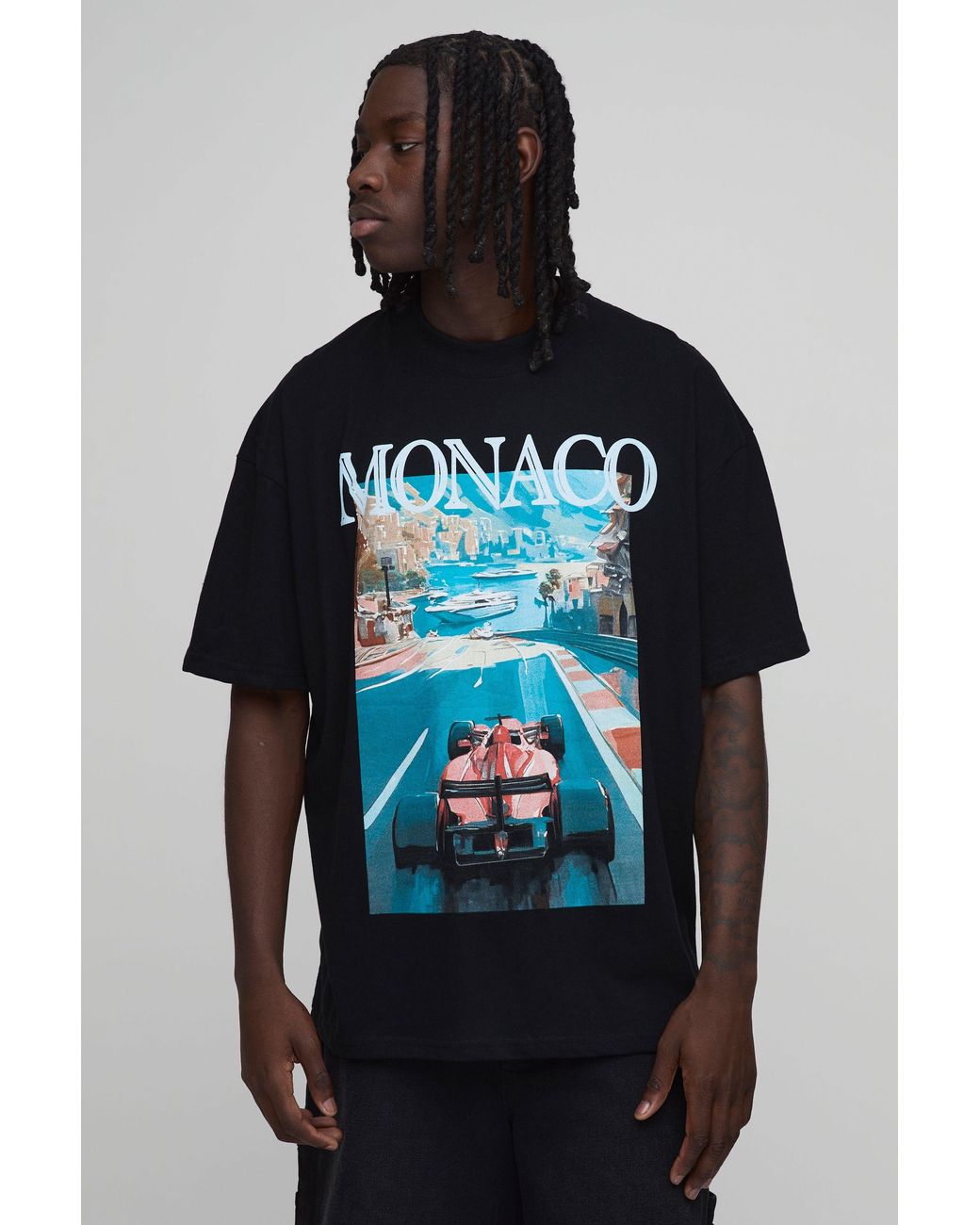 BoohooMAN Blue Oversized Extended Neck Monaco Racing Print T-Shirt for men