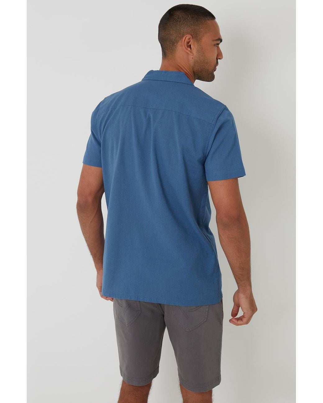 Threadbare Blue Linen Blend Palm Embroidered Short Sleeve Shirt for men