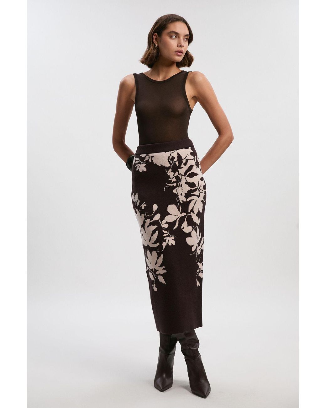 Karen Millen Brown Jacquard Floral Knitted Skirt