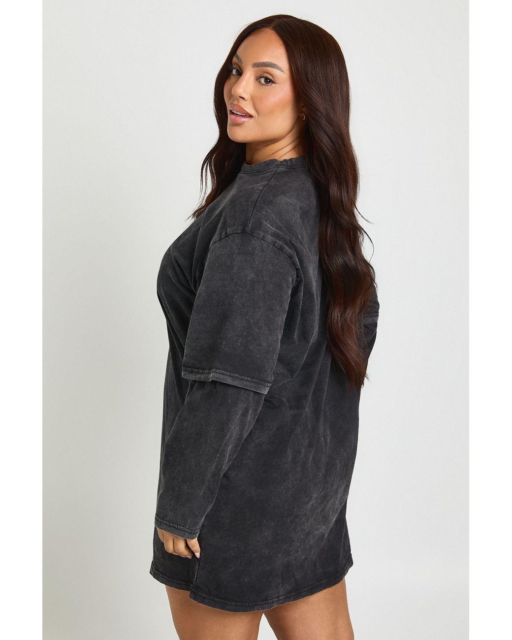 Boohoo Black Plus Acid Wash 2-1 Layered T-Shirt Dress