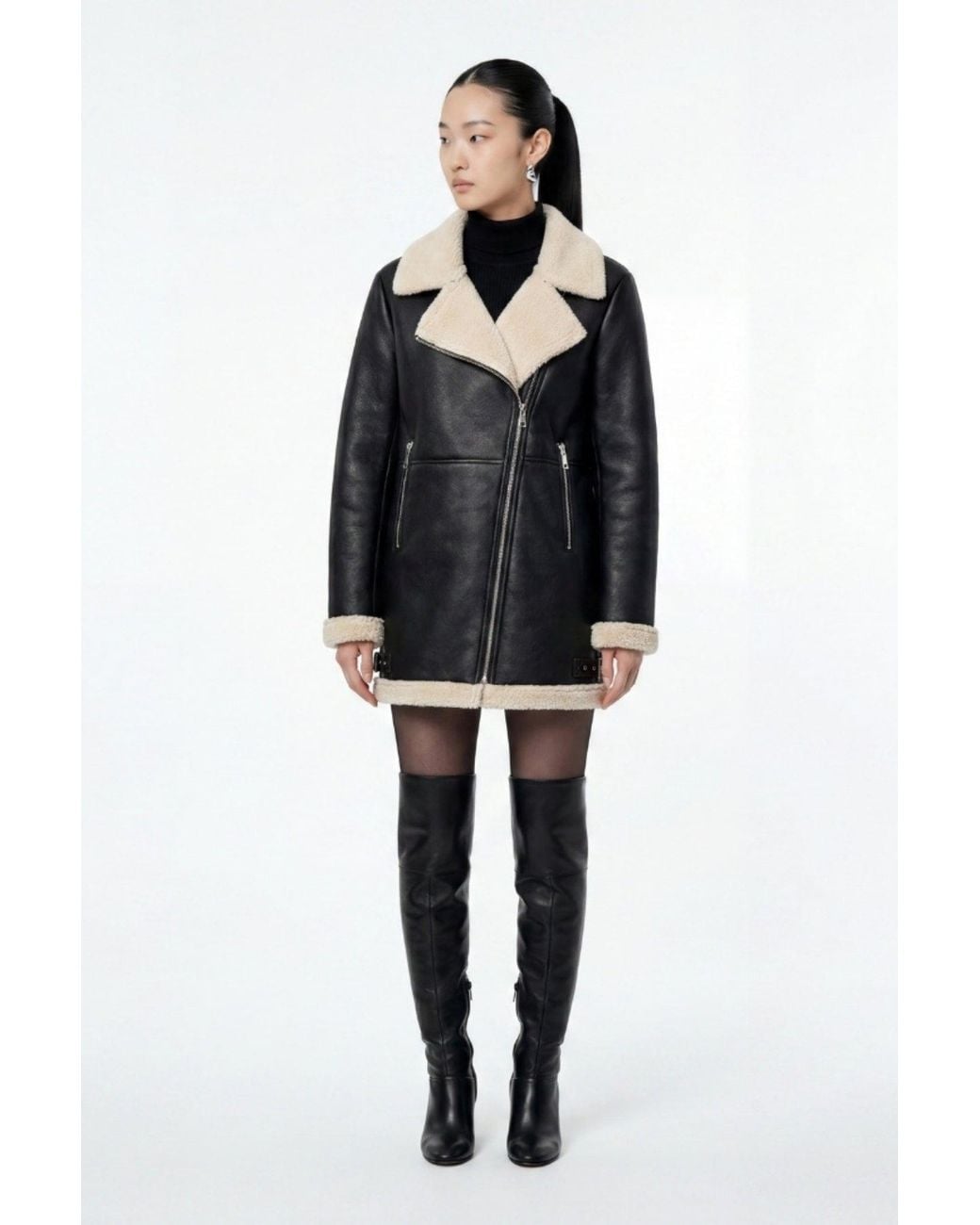 Elle Black Keira Longline Faux-Shearling Biker Coat