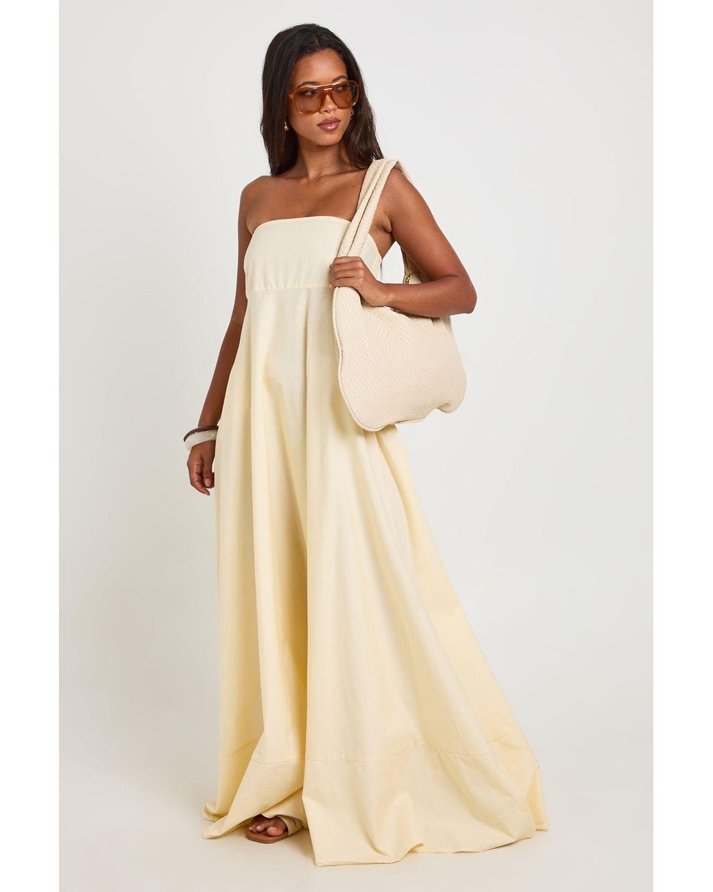 Boohoo Natural Cotton Poplin Shirred Elasticated Back Maxi Dress