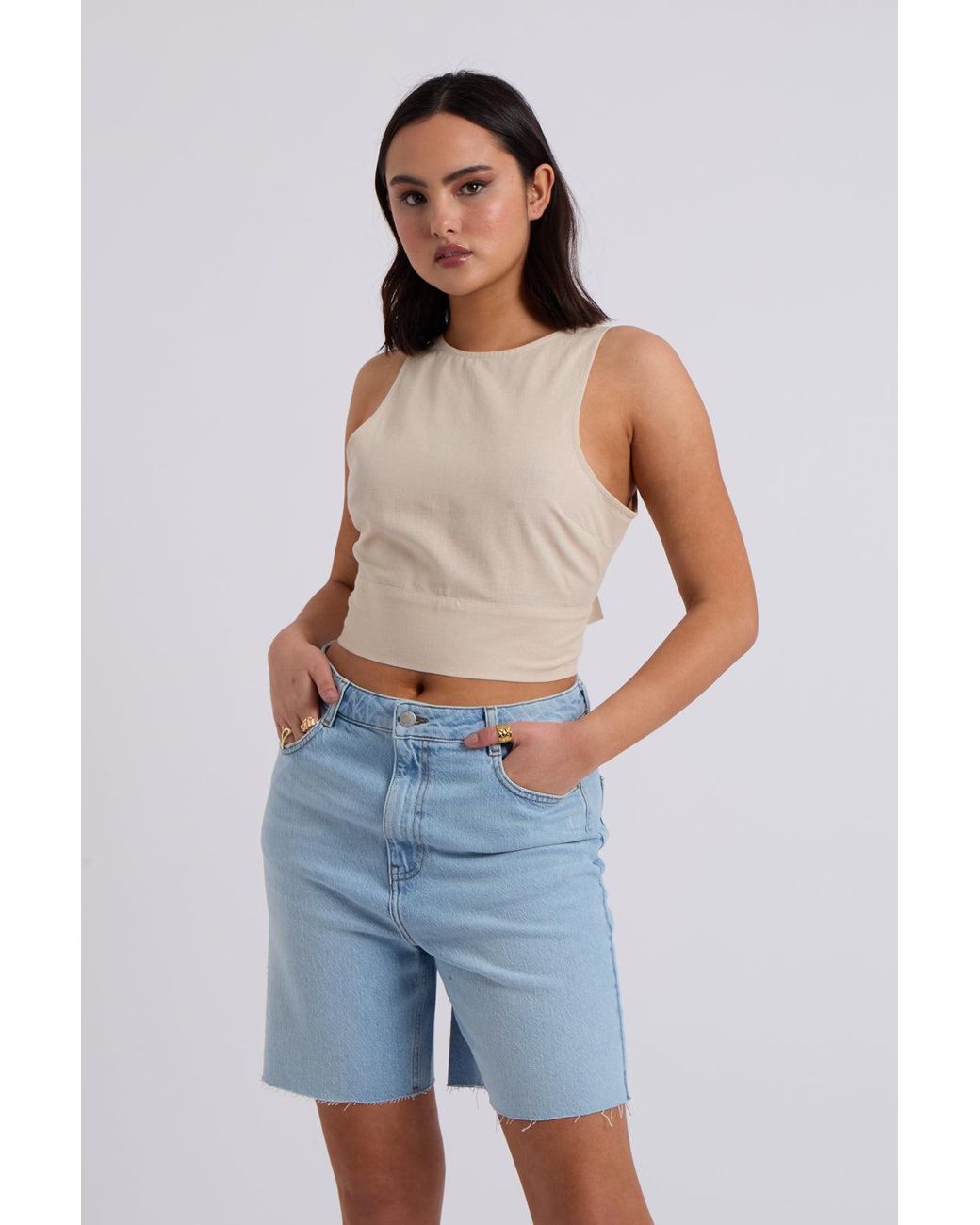 Urban Bliss Blue Linen Blend Tie Back Top