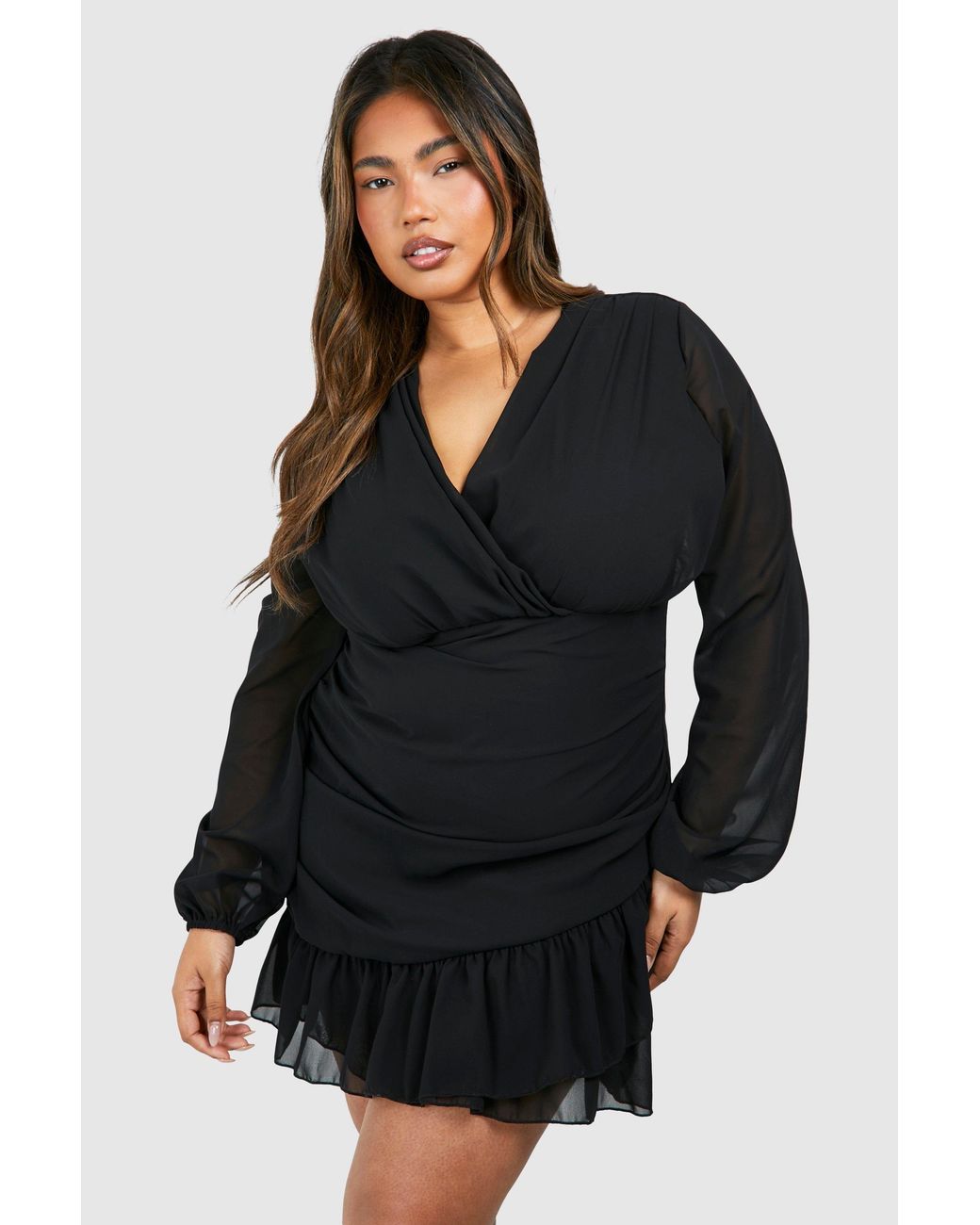 Boohoo Black Plus Chiffon Ruffle Wrap Dress