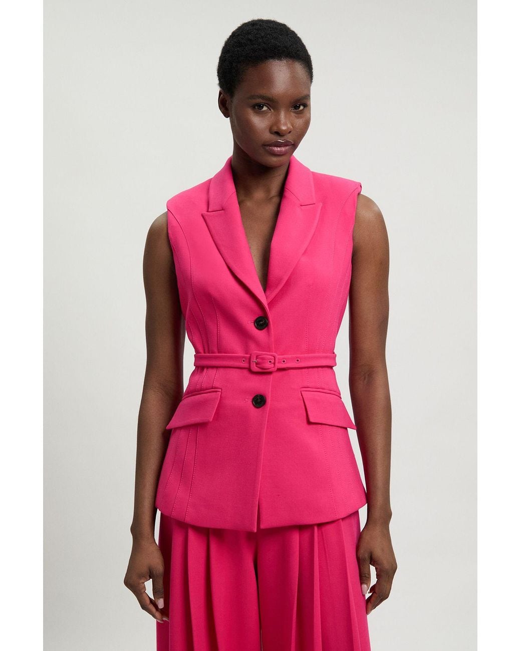 Karen Millen Pink Tailored Structured Crepe Belted Sleeveless Blazer