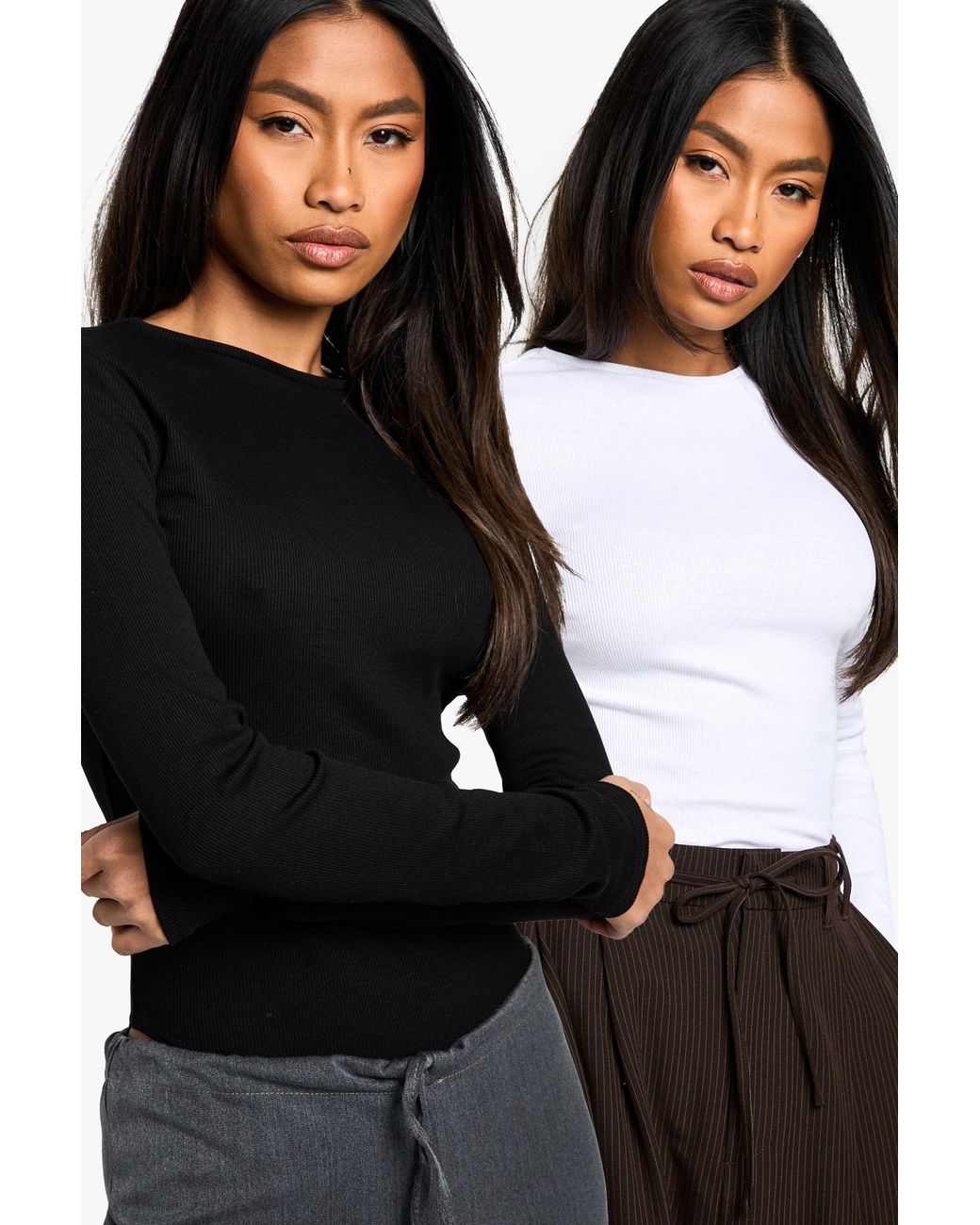 Boohoo Black Basics 2 Pack Crew Neck Long Sleeve One Piece