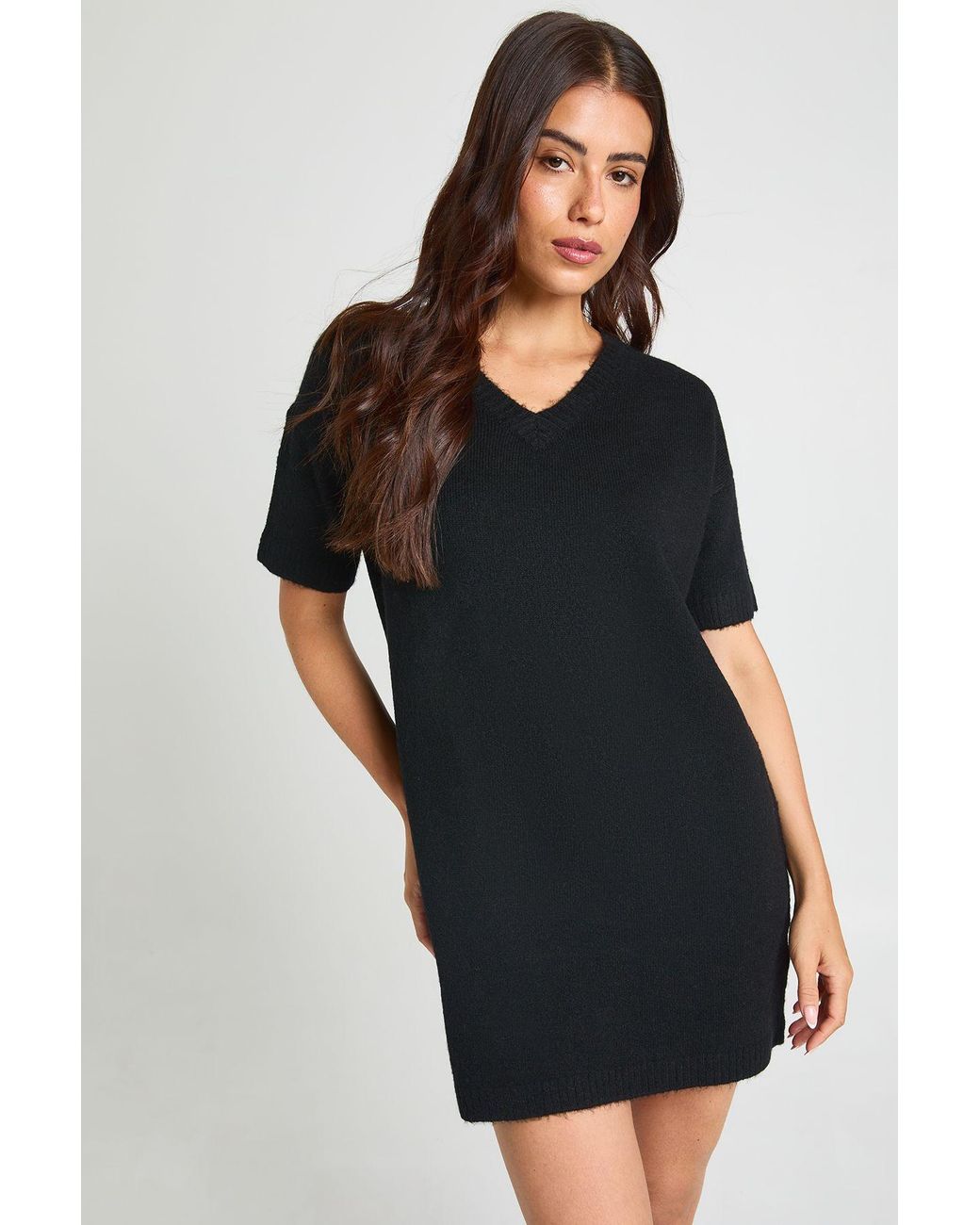 Boohoo Black V Neck Short Sleeve Knitted Mini Dress