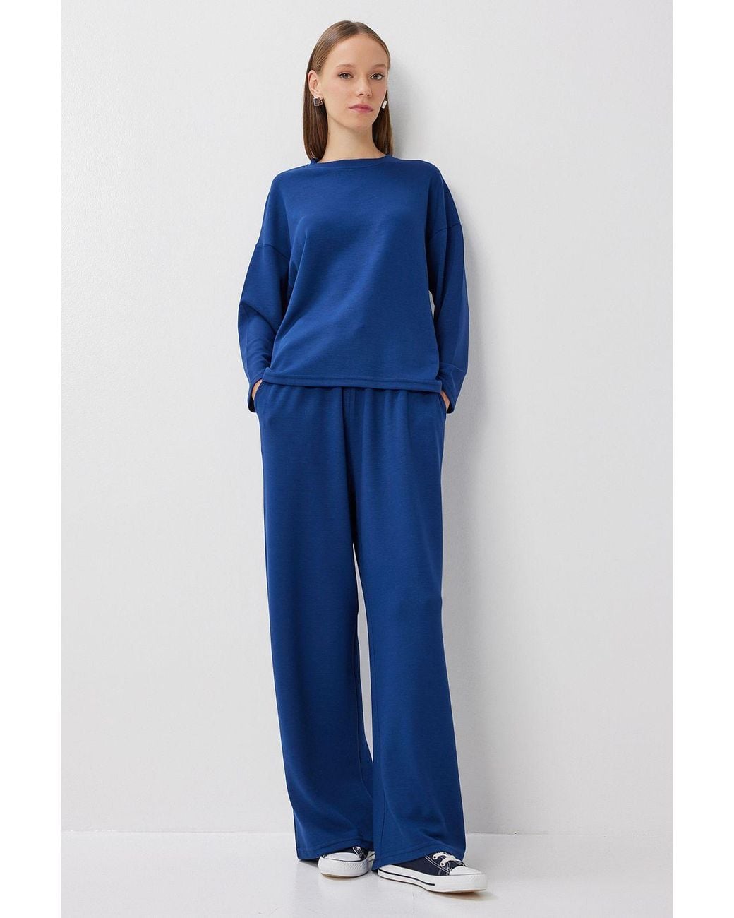 Happiness İstanbul Blue Wide Leg Two-Piece Set With Crew Neck Blouse