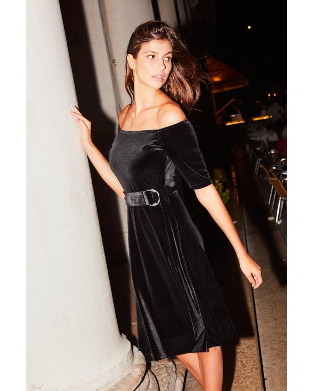 Sosandar Black Velvet Belted Bardot Dress