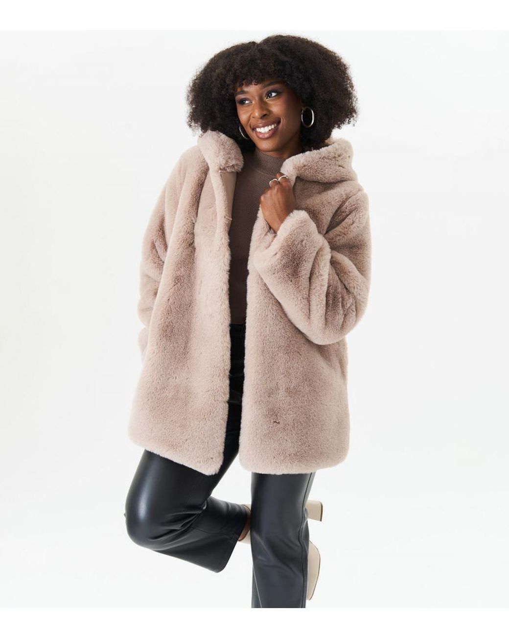 Gini London Natural Hooded Faux Fur Jacket