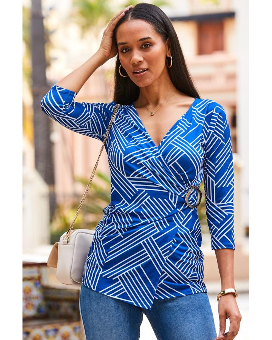 Sosandar Blue Geometric Print Buckle Detail Wrap Top