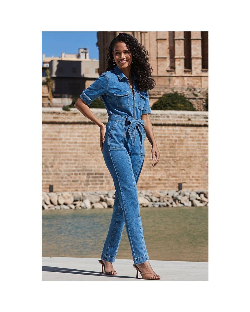 Sosandar Blue Mid Denim Tie Waist Utility Jumpsuit