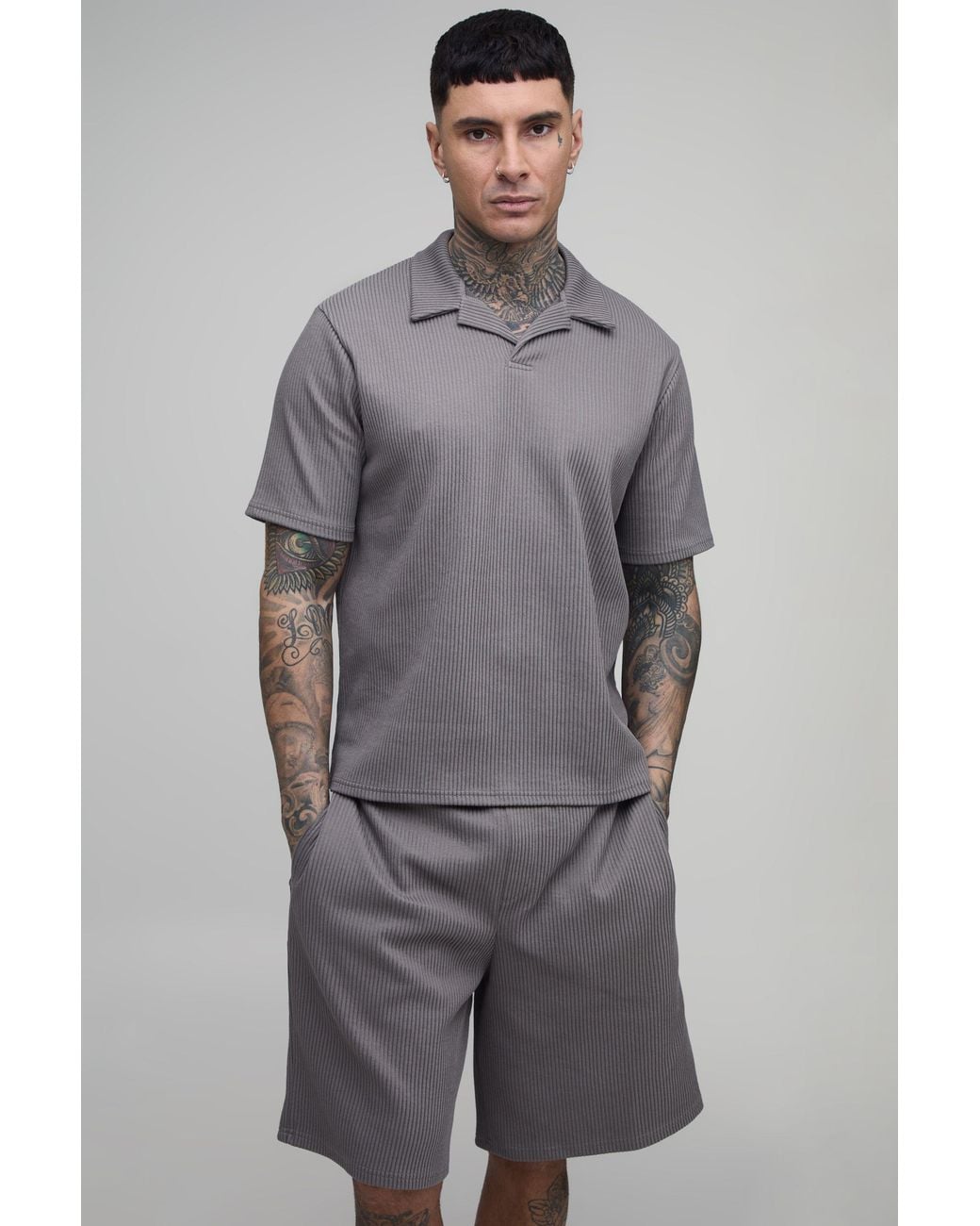 BoohooMAN Gray Tall Boxy Pleated Revere Polo & Baggy Shorts Set for men