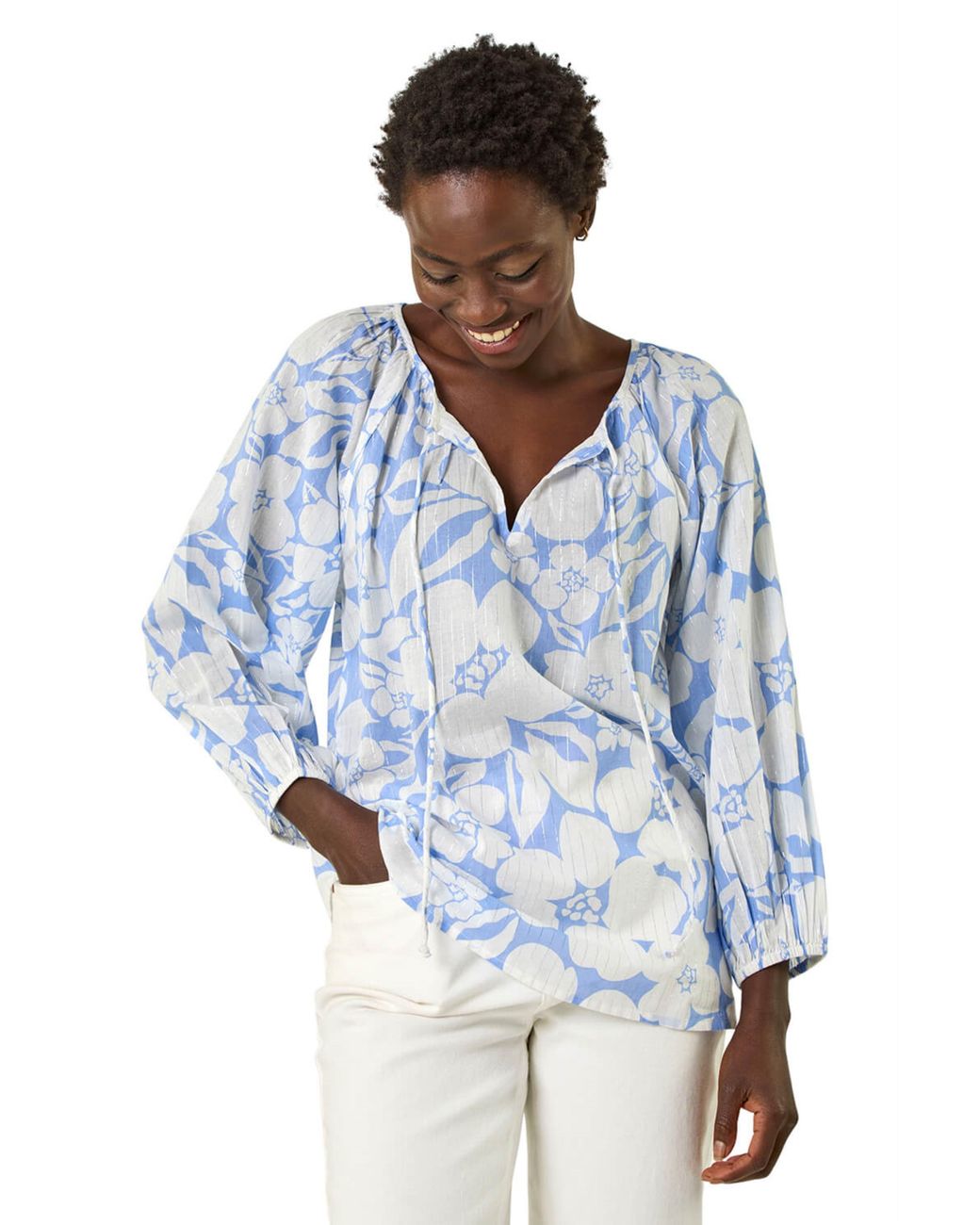Roman Blue Floral Print Tie Neck Tunic Top