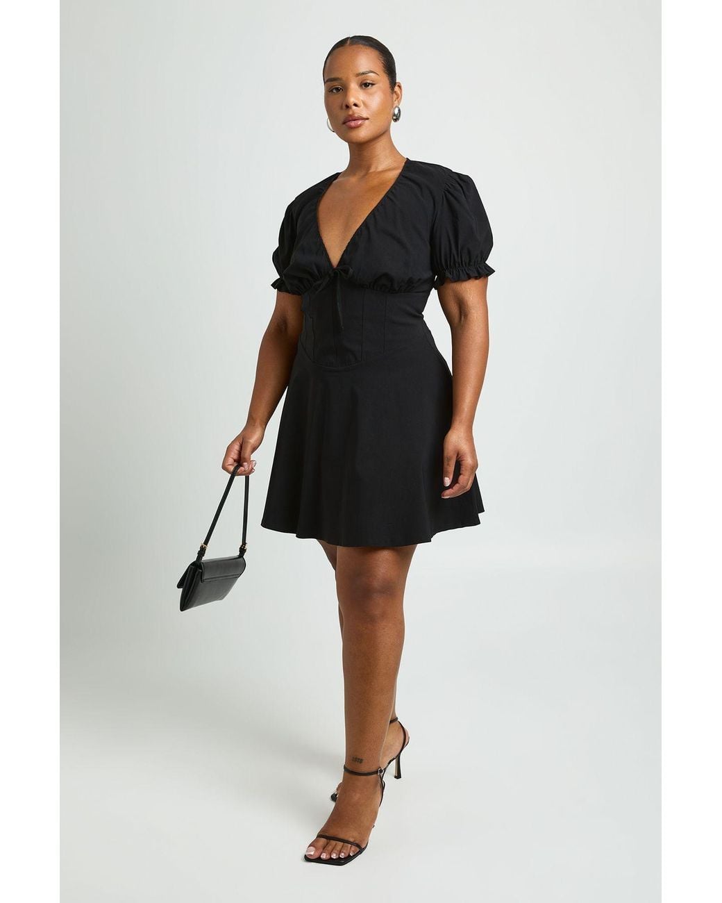 Boohoo Black Plus V Neck Puff Sleeve Smock Dress