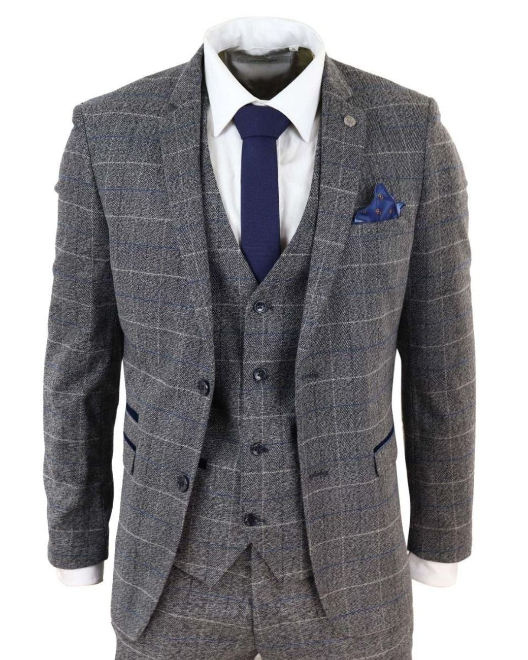 Infinity Leather Blue 3 Piece With Check Vintage Classic Suit for men