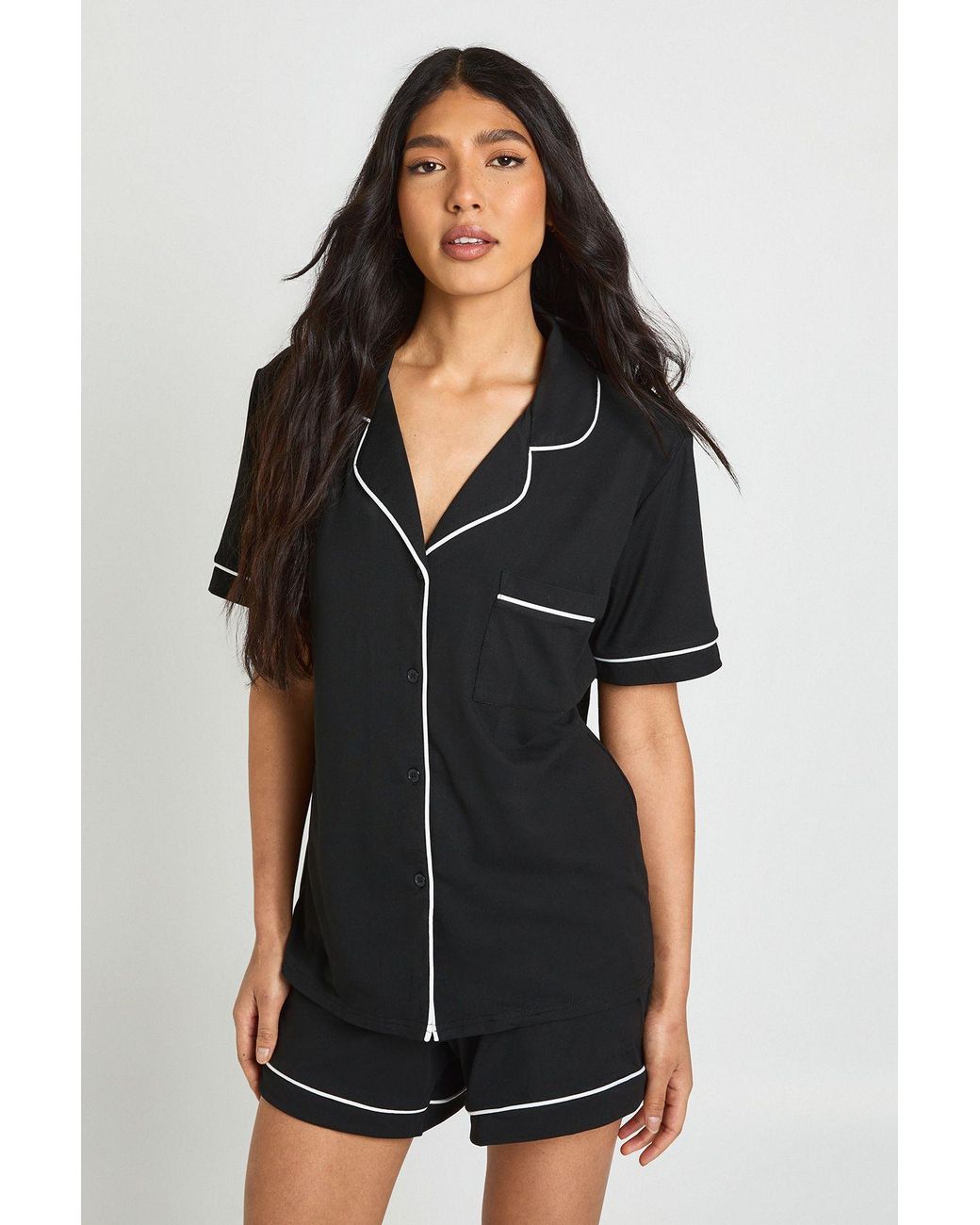 Boohoo Black Tall Jersey Piping Detail Short Sleeve Shirt & Shorts Pyjama Set