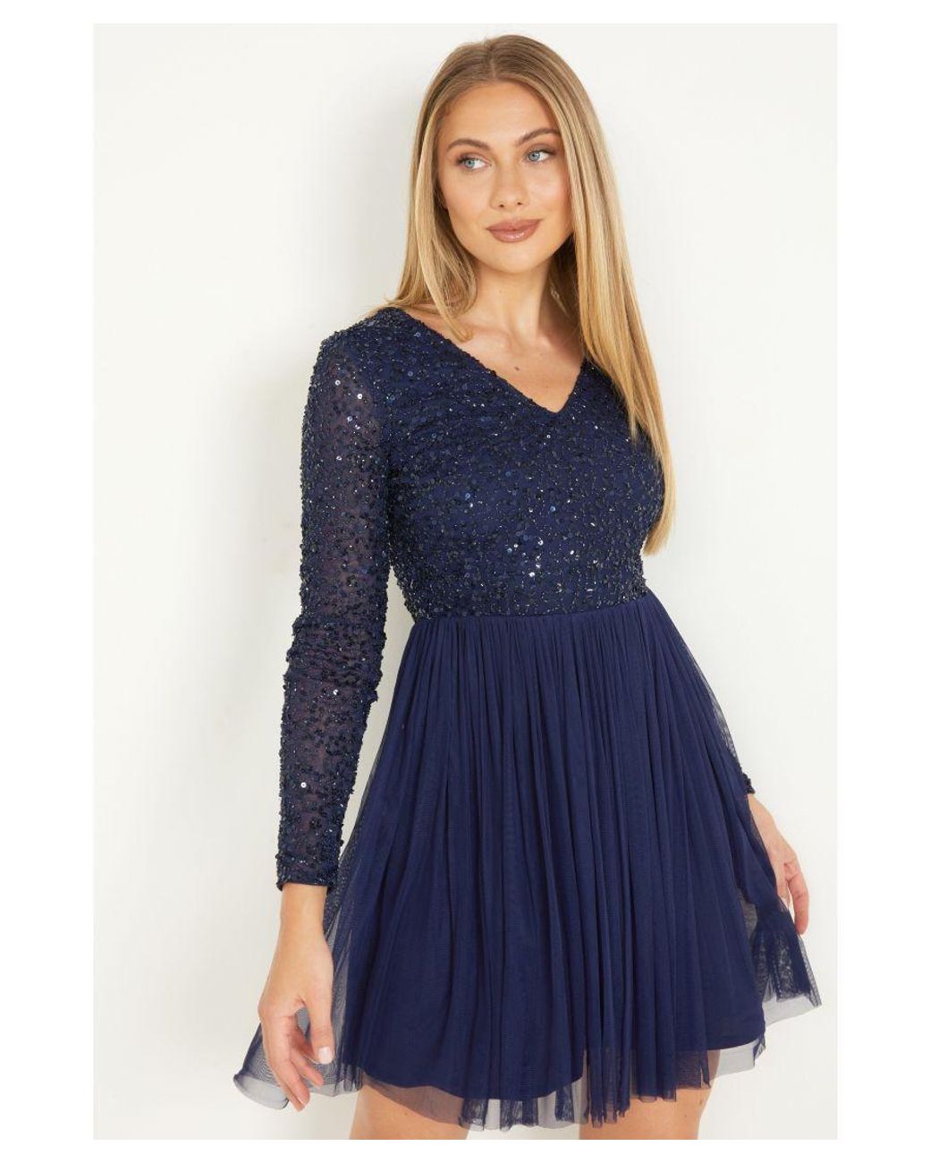 Quiz Navy Sequin Long Sleeve Dress in Blue Lyst UK