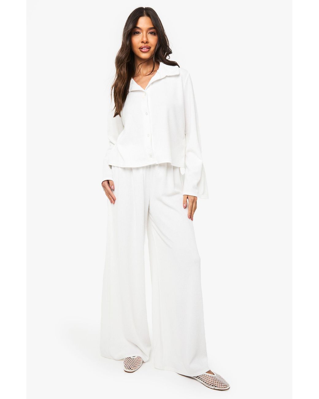 Boohoo White Crinkle Rib Wide Leg Trouser