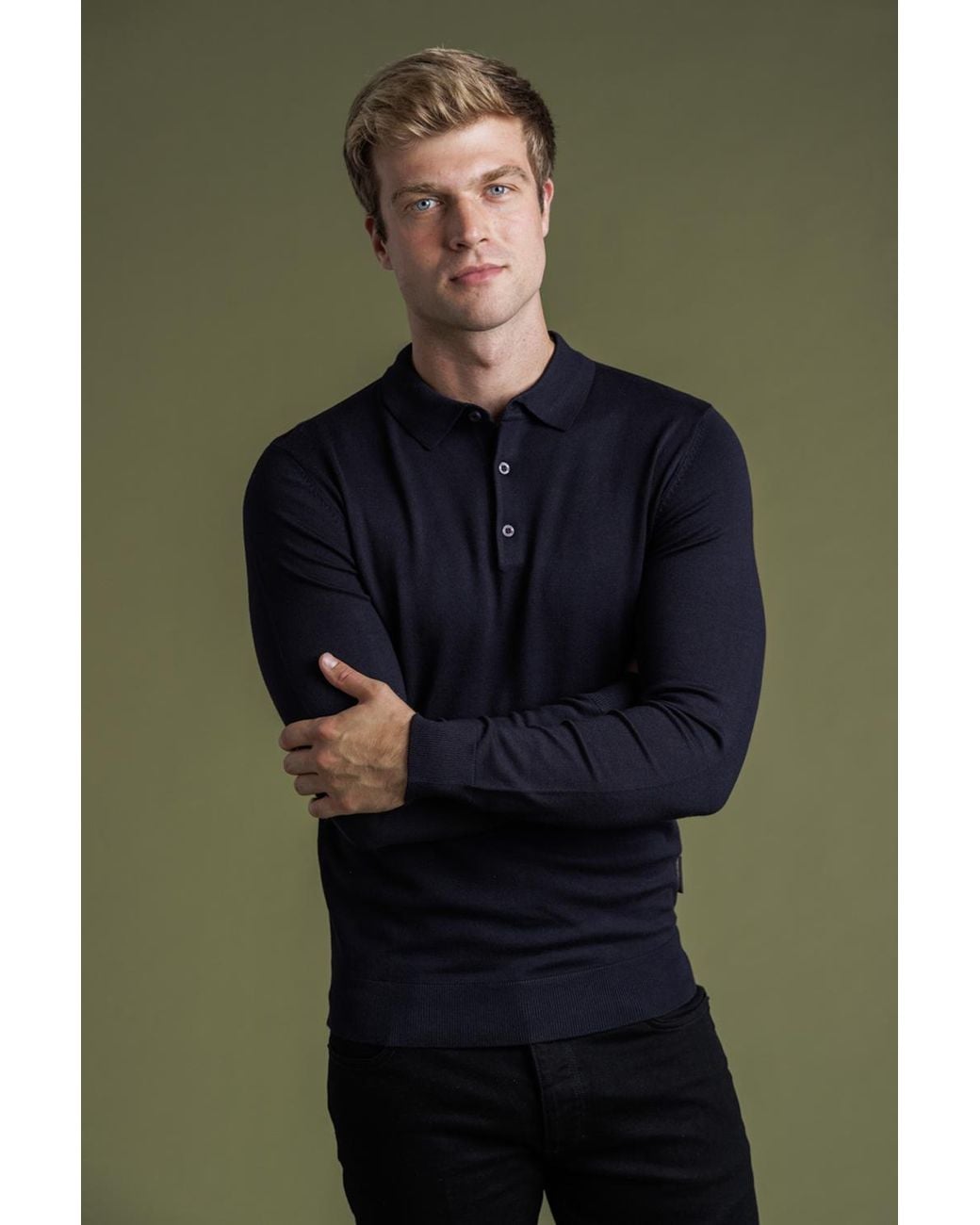 French Connection Green Long Sleeve Button Knitted Polo Top for men
