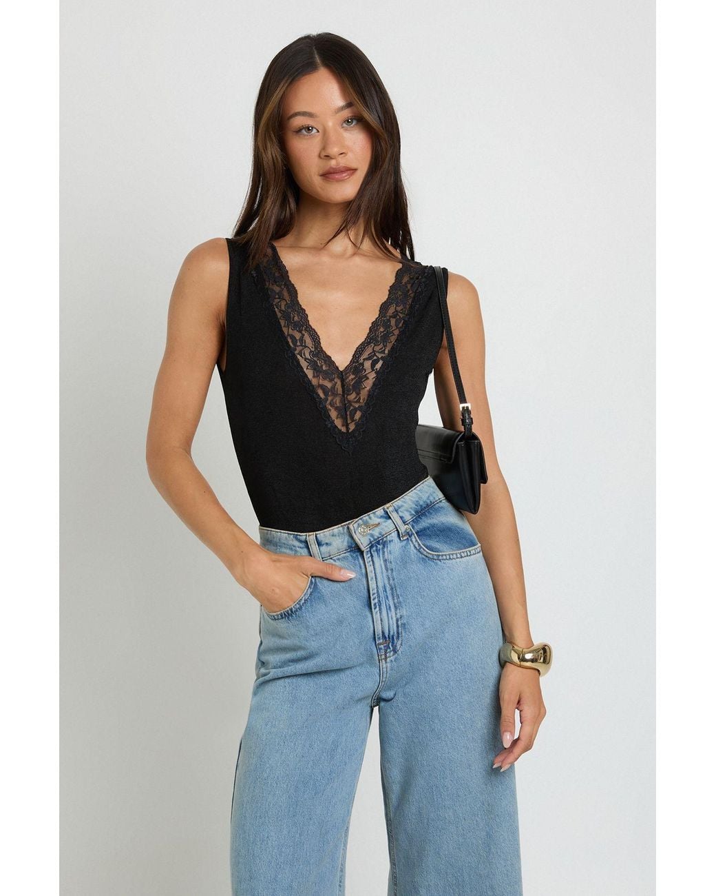 Boohoo Blue Tall Lace Trim V Neck Bodysuit
