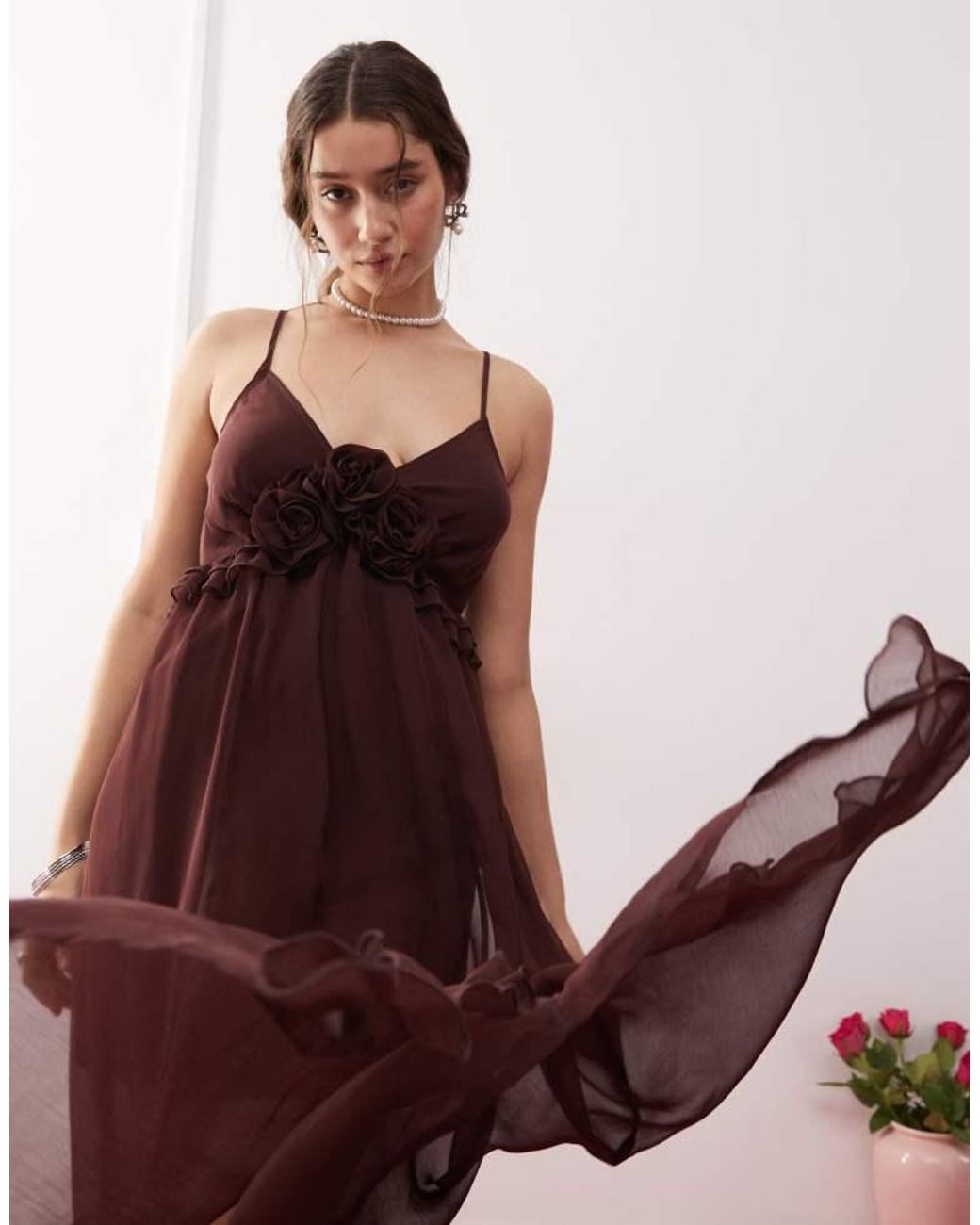 Miss Selfridge Pink Chiffon Corsage Detail Cami Maxi Dress