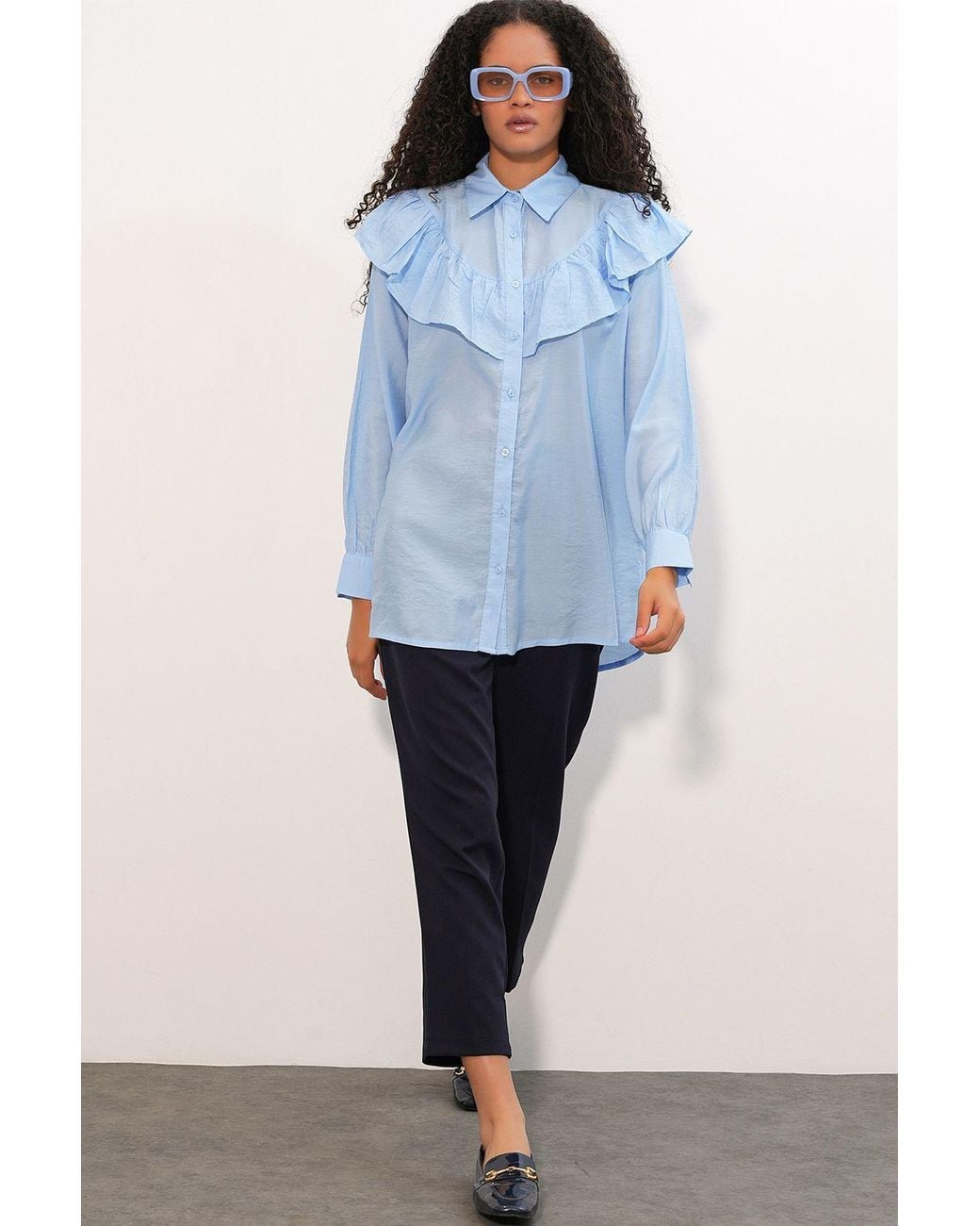 Bigdart Blue Long Relaxed Shirt With Frill Detail