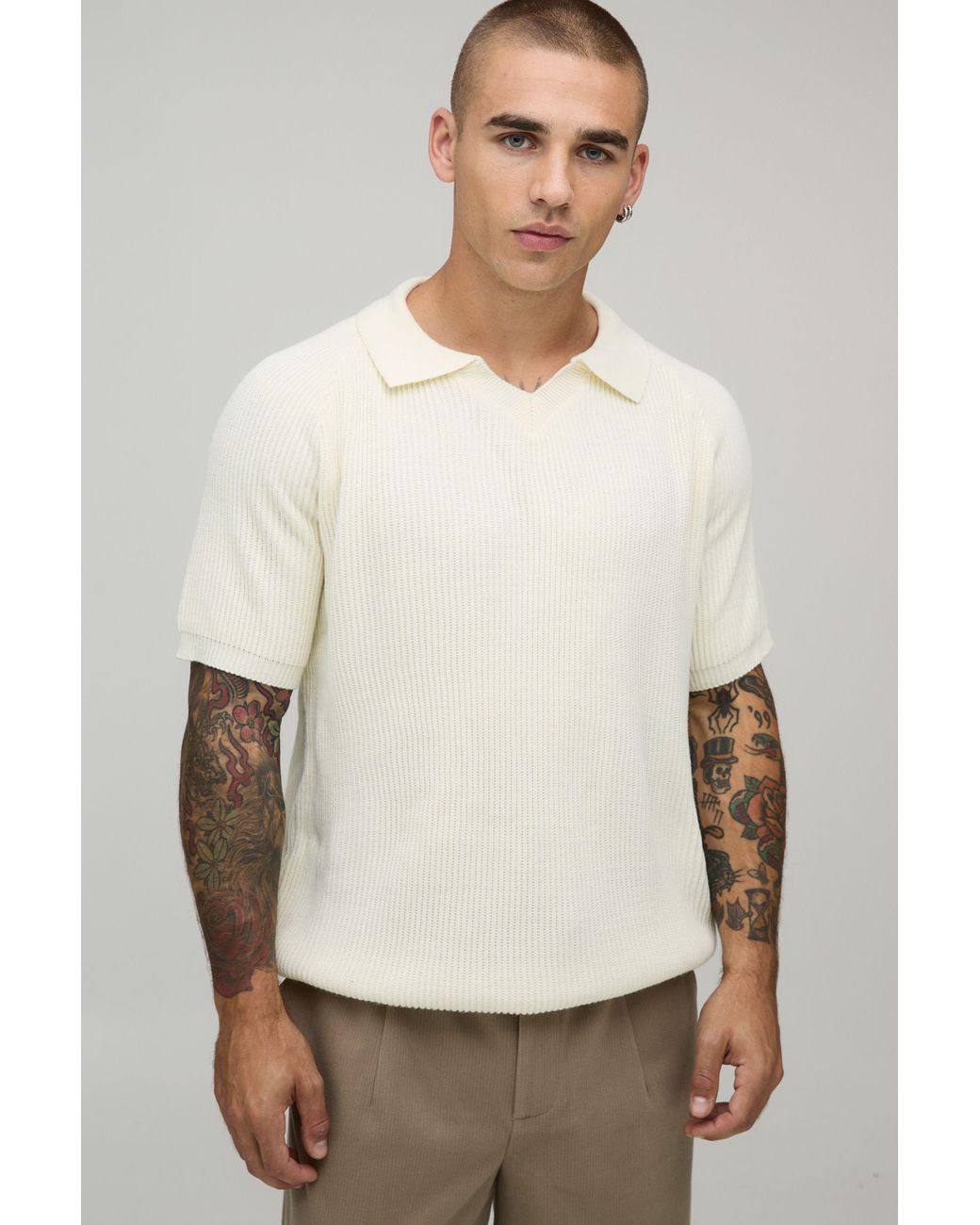 BoohooMAN White Regular Fit Raglan Ribbed Knitted Polo for men