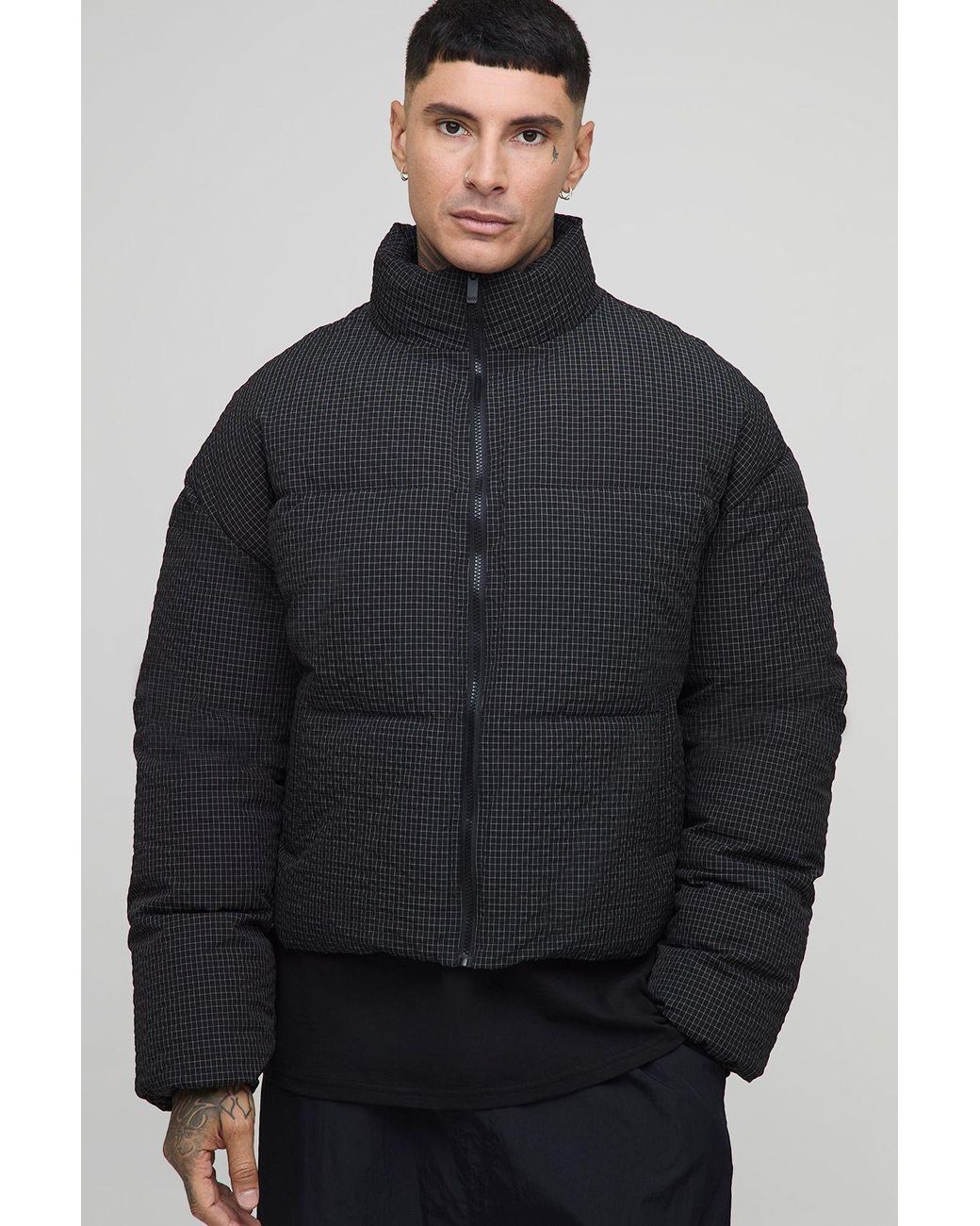 BoohooMAN Gray Tall Oversized Check Ripstop Funnel Neck Puffer Jacket for men