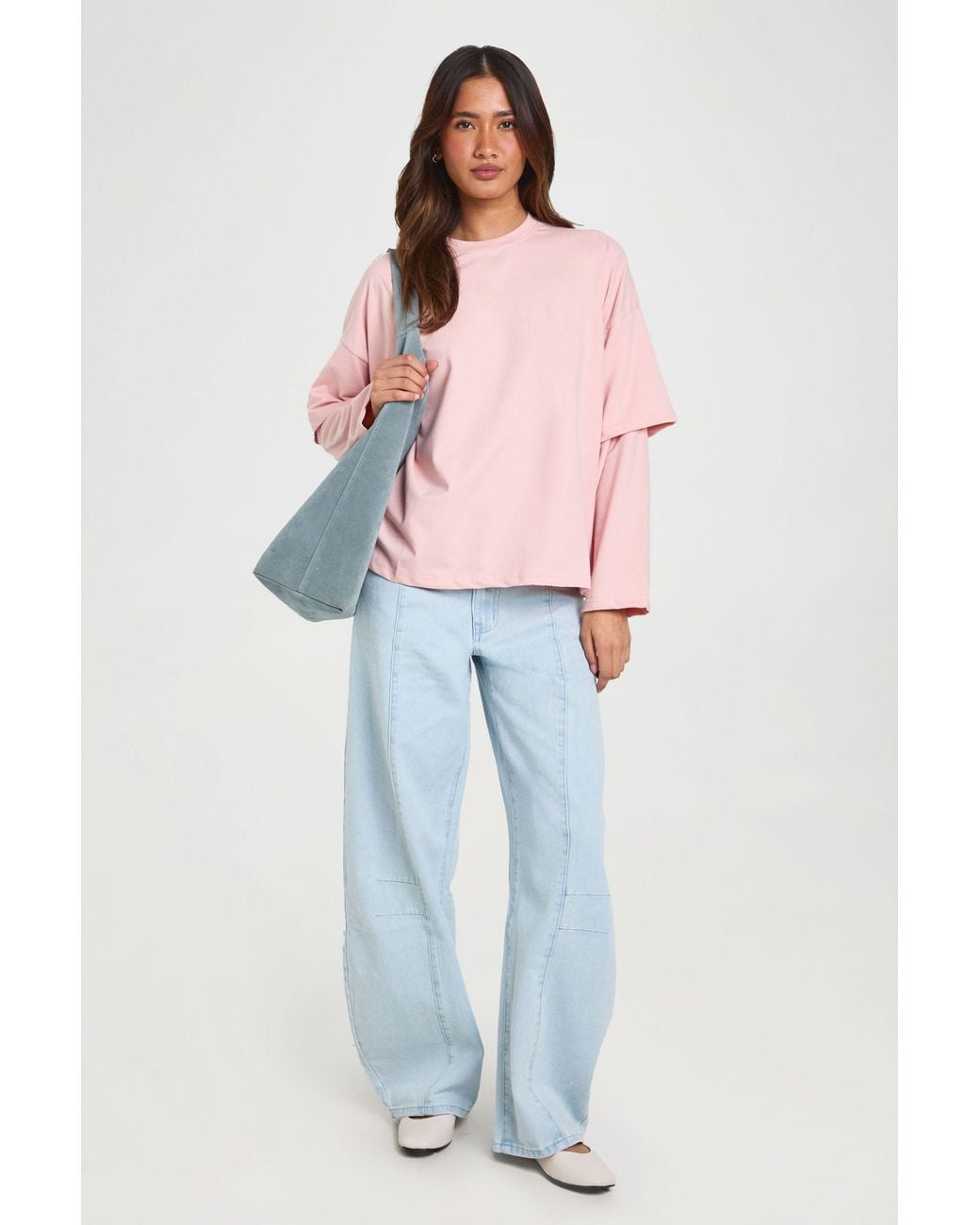 Boohoo Pink Double Sleeve Oversized Skater T-Shirt