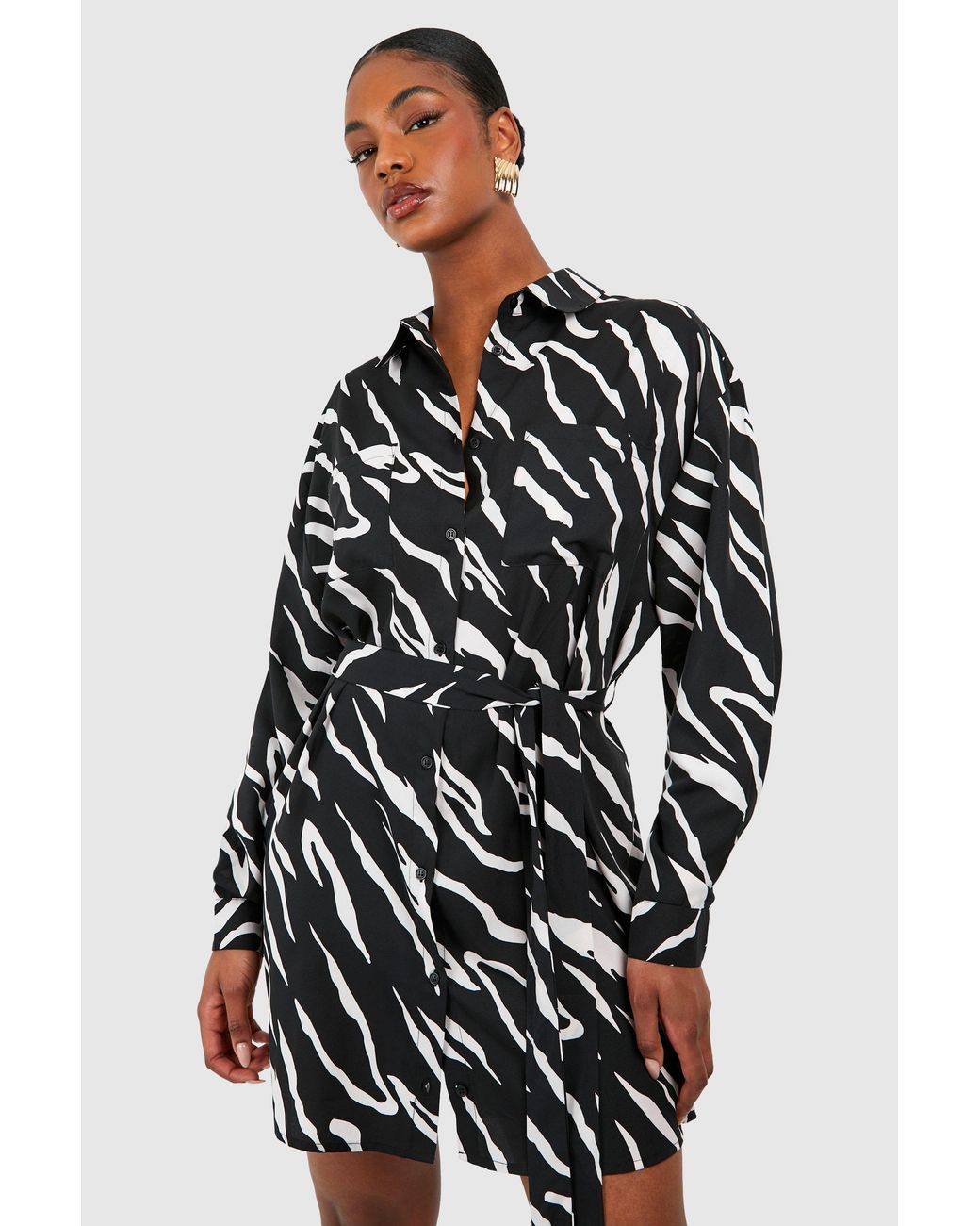 Boohoo Black Tall Woven Zebra Belted Shirt Dress