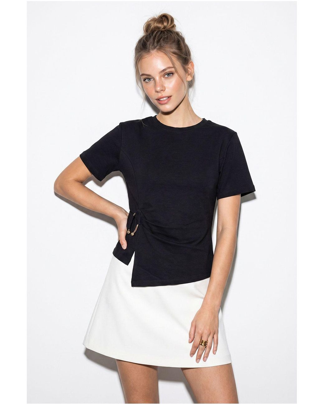 Bianco Lucci Blue Cotton Blend Crew Neck Blouse