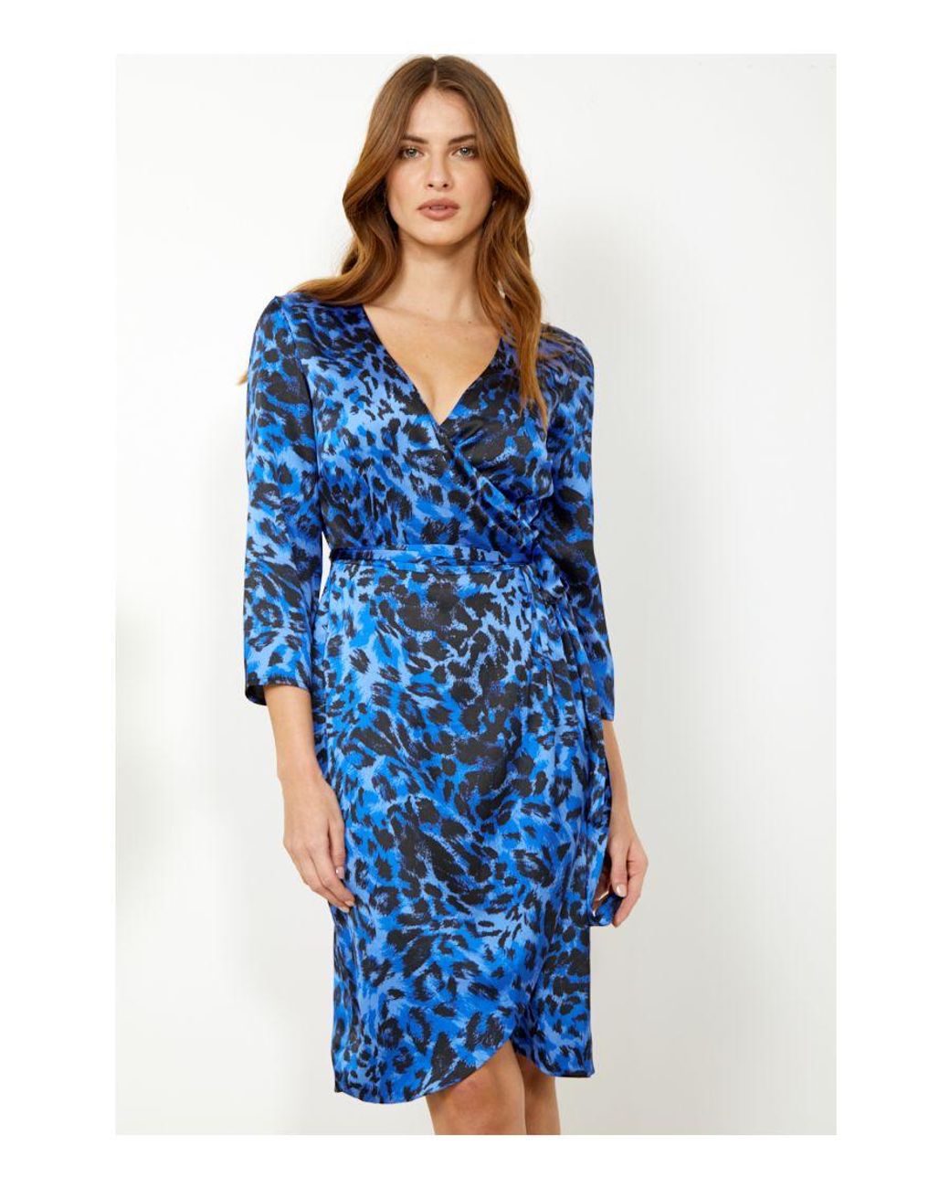 Sosandar Blue Leopard Print Wrap Dress