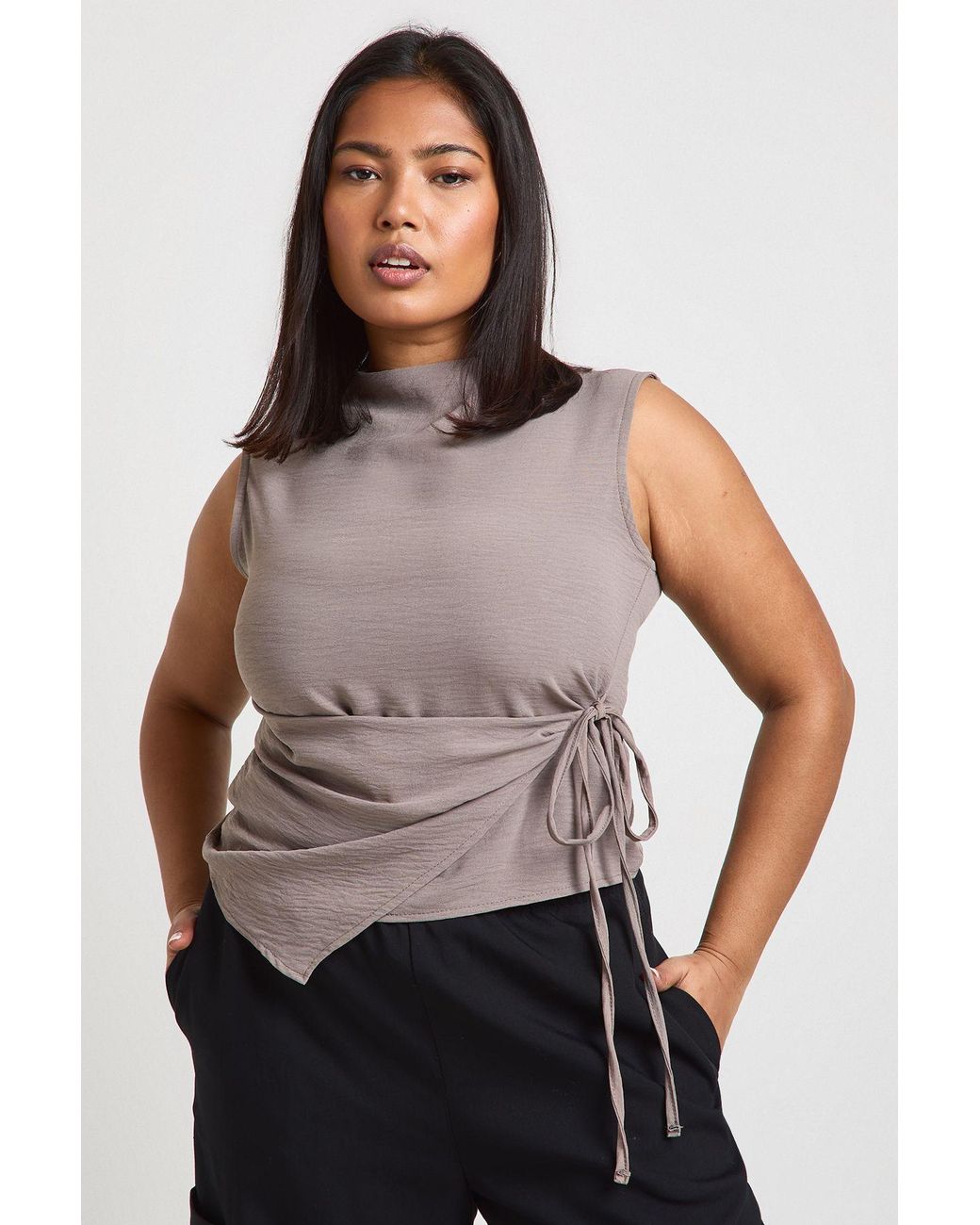 Boohoo Gray Plus Cowl Tie Front Asymmetric Top