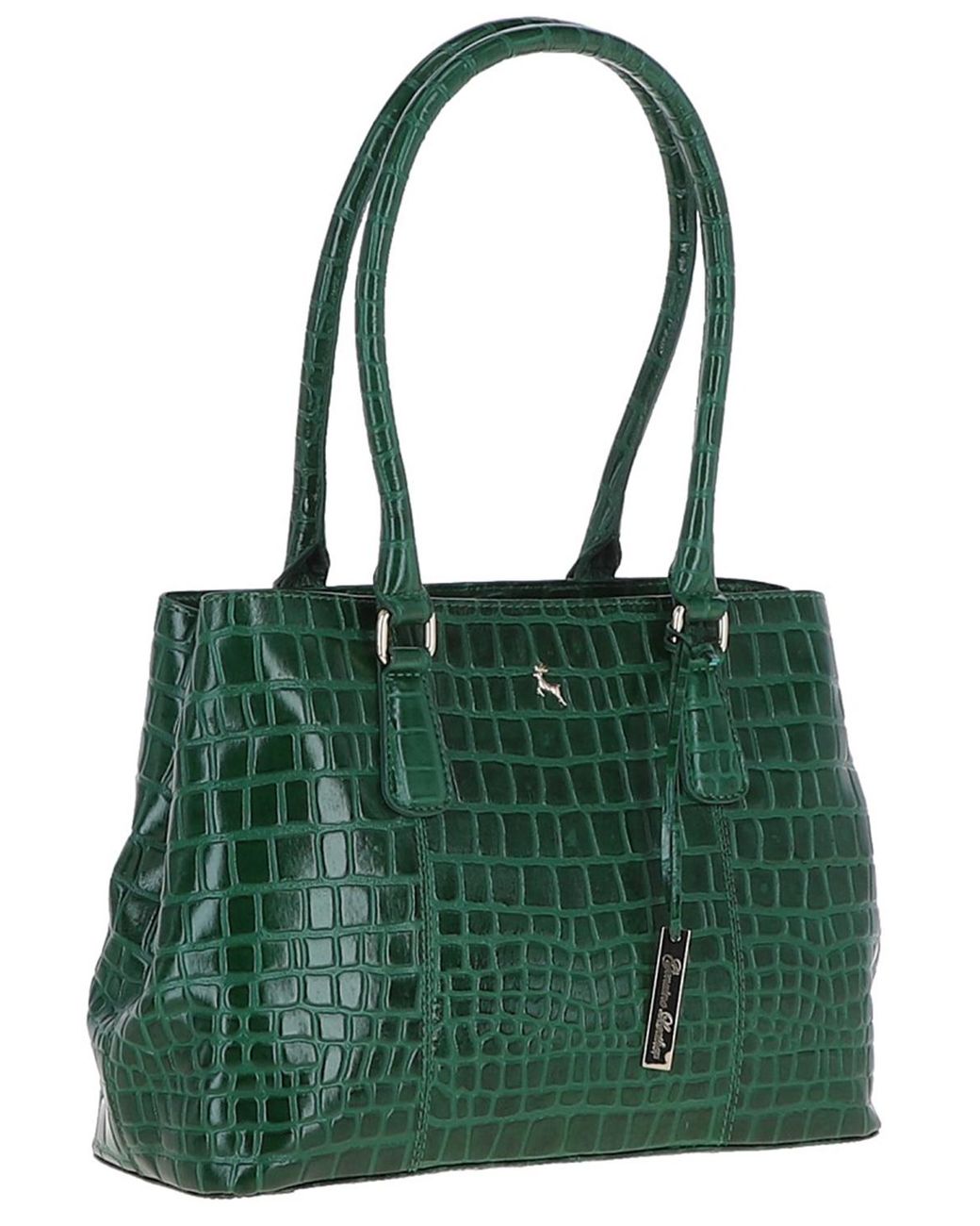 Ashwood Leather Green Croc Print Real Two Section With Mid Purse Bag