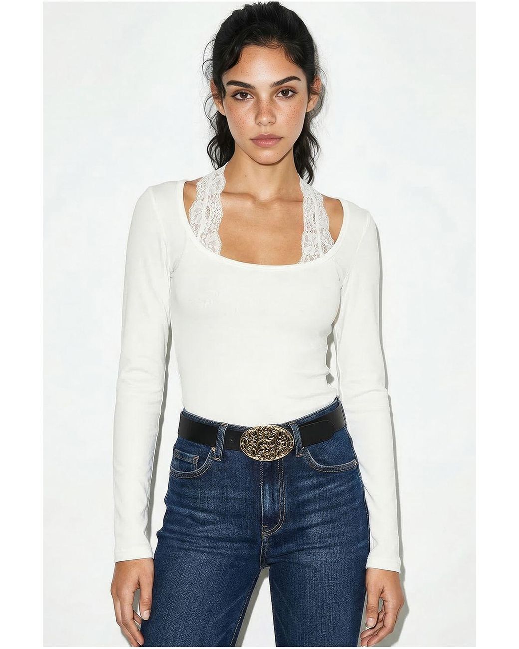 Bianco Lucci White Slim Fit Long Sleeved Square Collar Blouse