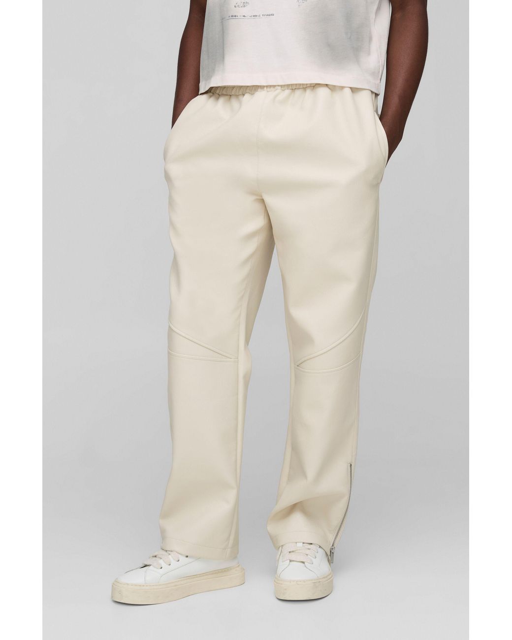 BoohooMAN Natural Elasticated Waist Pu Relaxed Zip Hem Pants for men