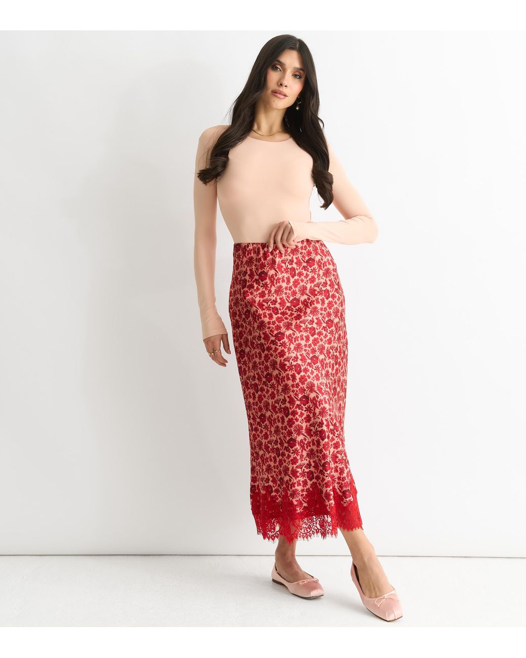 Gini London Red Floral Lace Trim Bias Midi Skirt