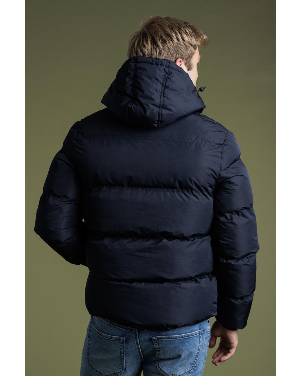 French Connection Blue Hooded Puffer Jacket With High Neck for men