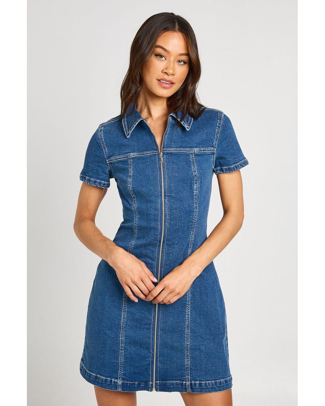 Boohoo Blue Tall Short Sleeve Zip Front Denim Dress