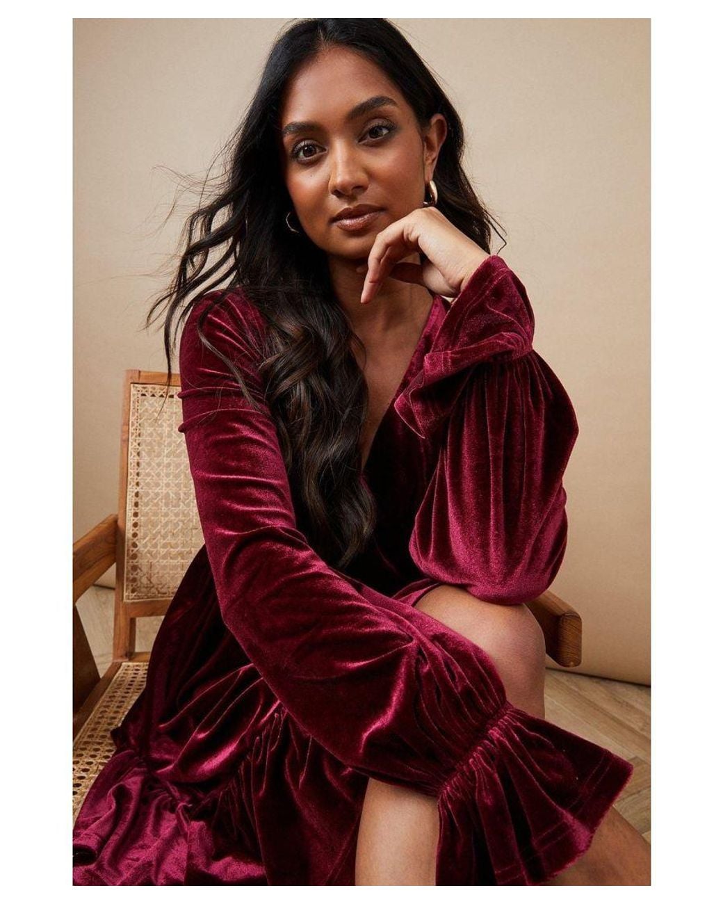 Oasis Brown Occasion Velvet Ruffle Hem Mini Dress