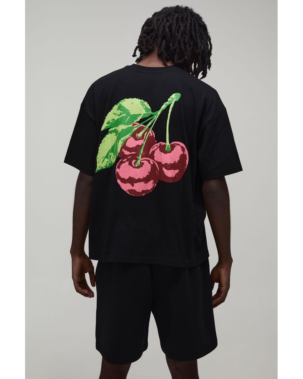 BoohooMAN Black Oversized Cherry Printed T-Shirt & Baggy Short Set for men