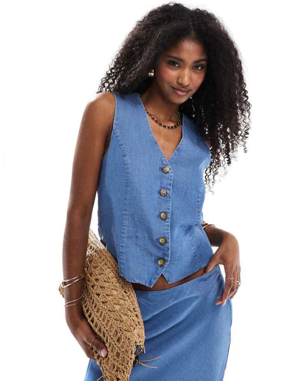 ONLY Blue Chambray Denim Waistcoat Co-Ord