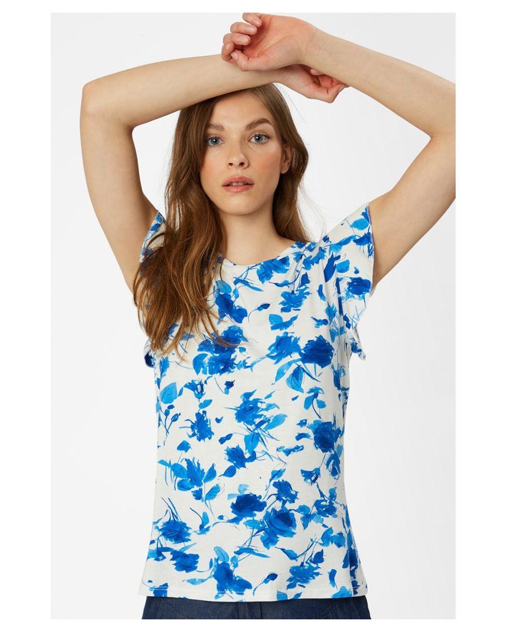 James Lakeland Blue Floral Print Frill Sleeve T-Shirt