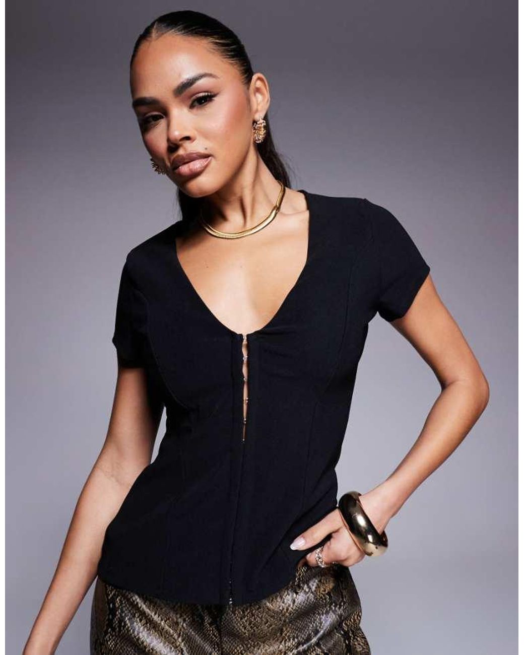 ASOS Blue Ribbed Cap Sleeve Structured Top With Plunge Neck