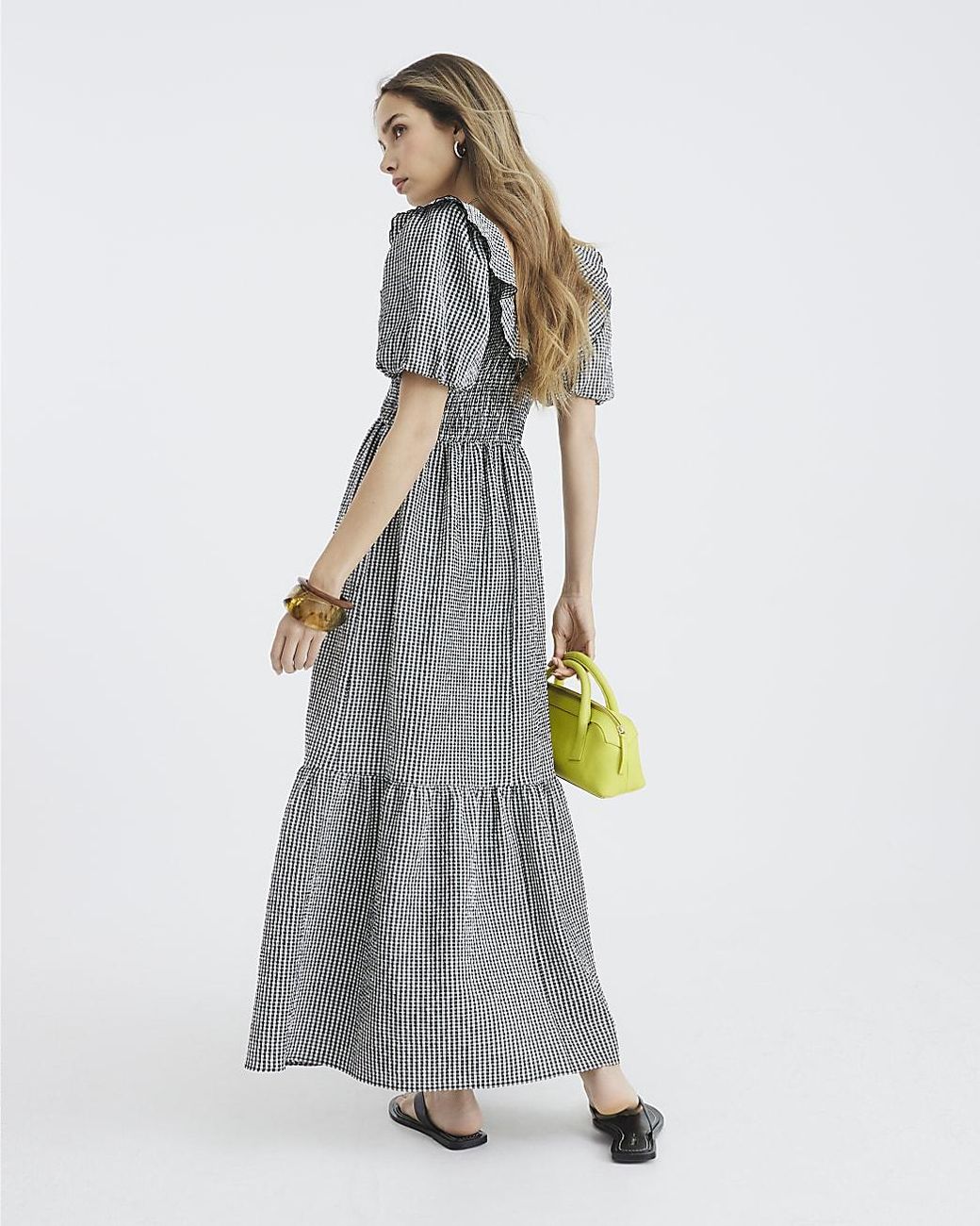 River Island Gray Midi Dress Frill Gingham V-Neck